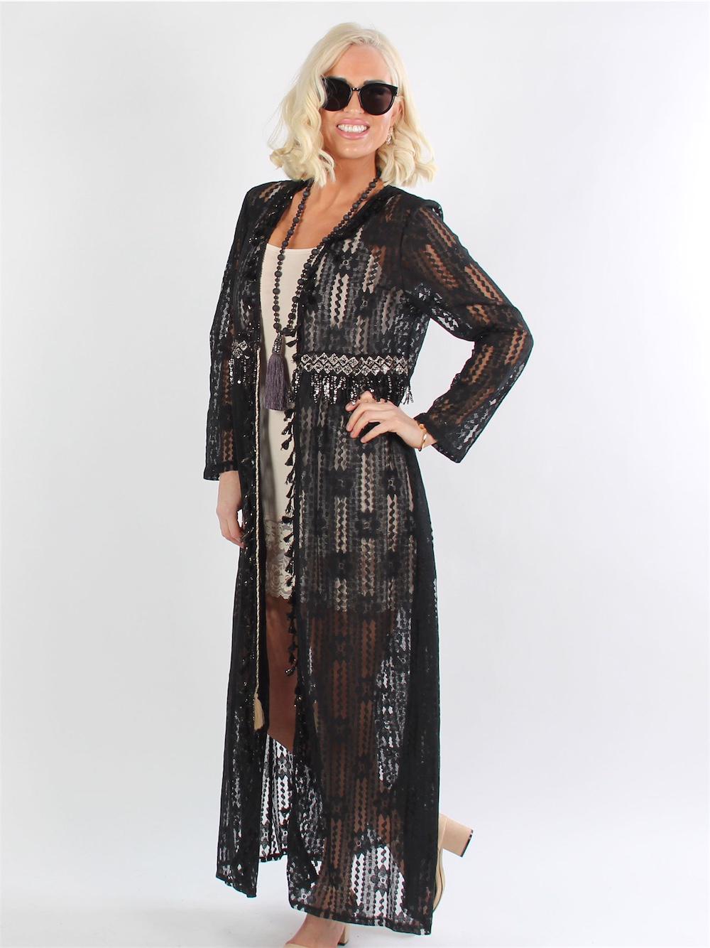 Jessie - Sort lang blondekimono med glimmertråde og pailletter